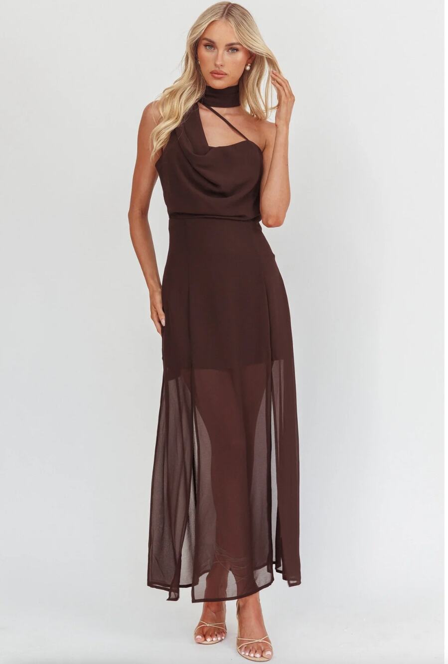 SHEIN Chocolate Brown One-Shoulder Draped Chiffon Neck Scarf Maxi Dress Size L